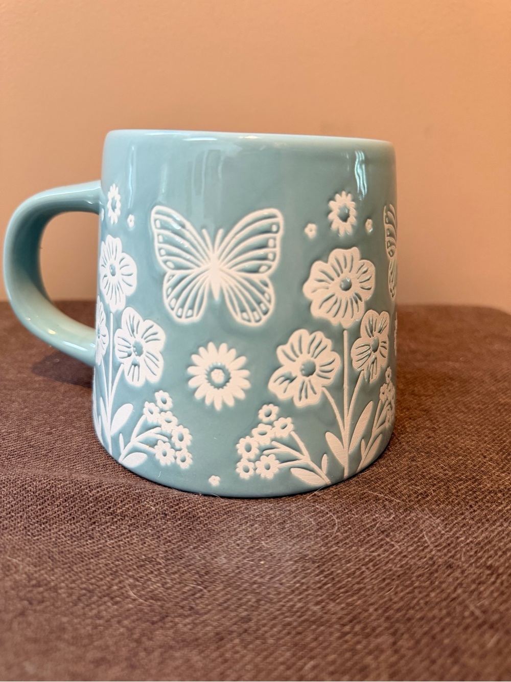 Gallery Teal Blue Ceramic Mug with White Butterfly & Floral Relief